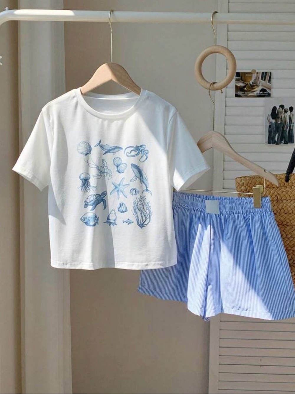 SHEIN Light Blue Cropped T-Shirt and White Striped Shorts